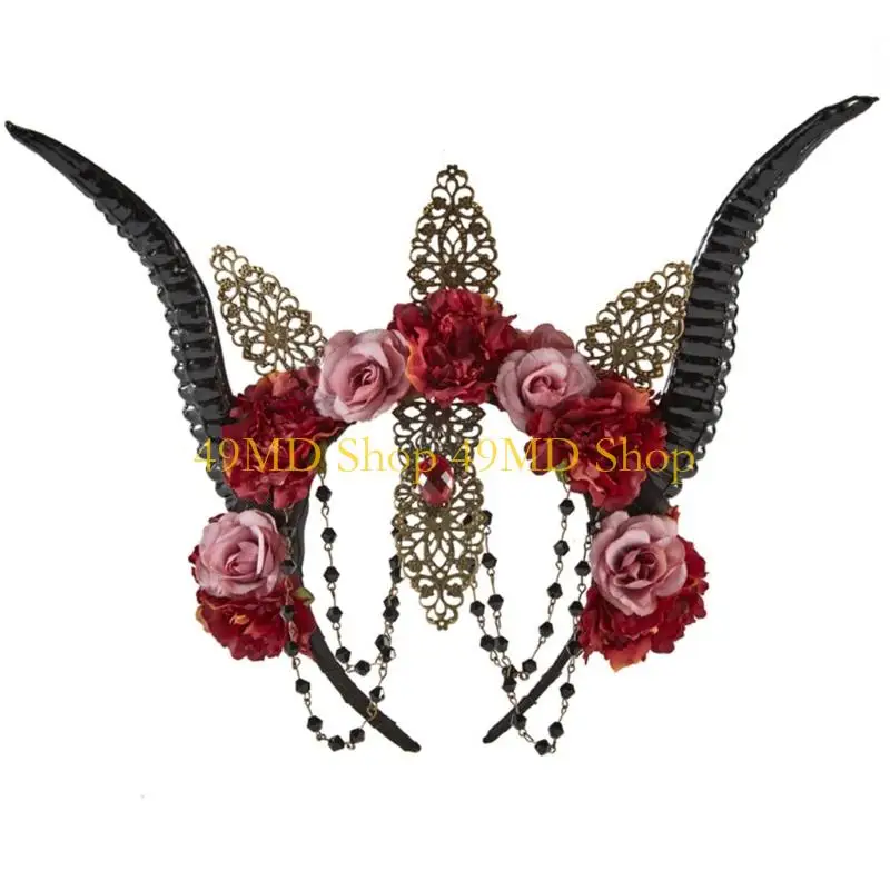 

49MD Sheep Horn Halloween Headwear Rose Flower Decorations Gothic Devil Headband Cosplay Accessory Headwear Hairband