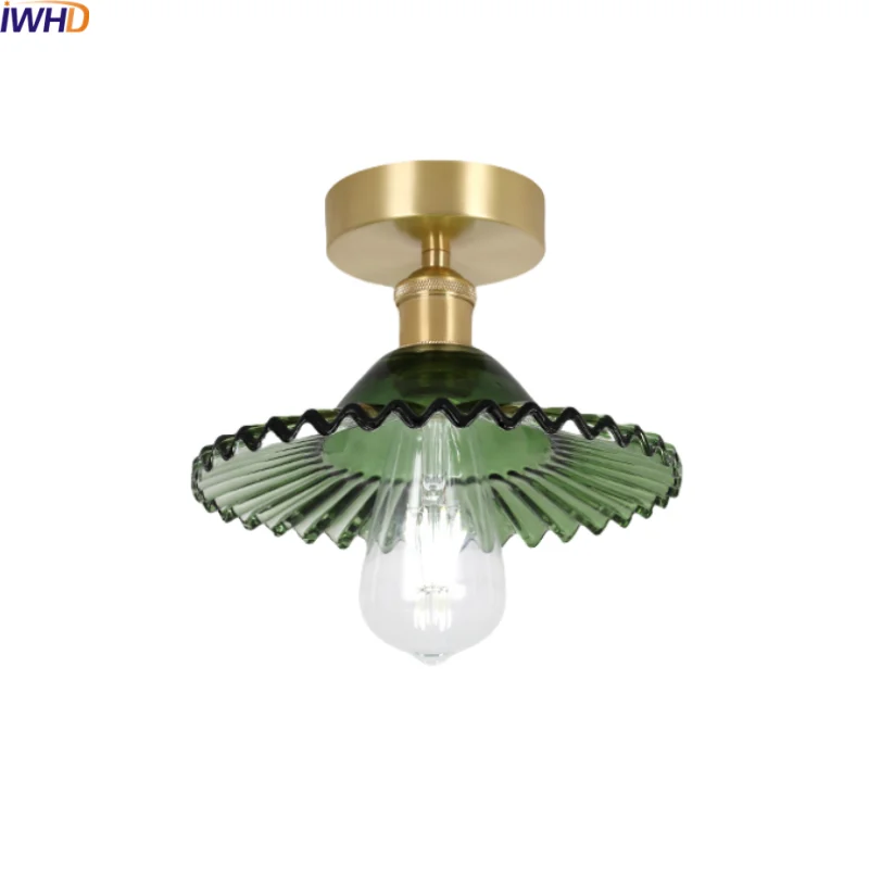 

IWHD Home Decor LED Ceiling Lamp Lights Fixtures Porch Balcony Kitchen Green Glass Copper Modern Ceiling Light Plafondlamp