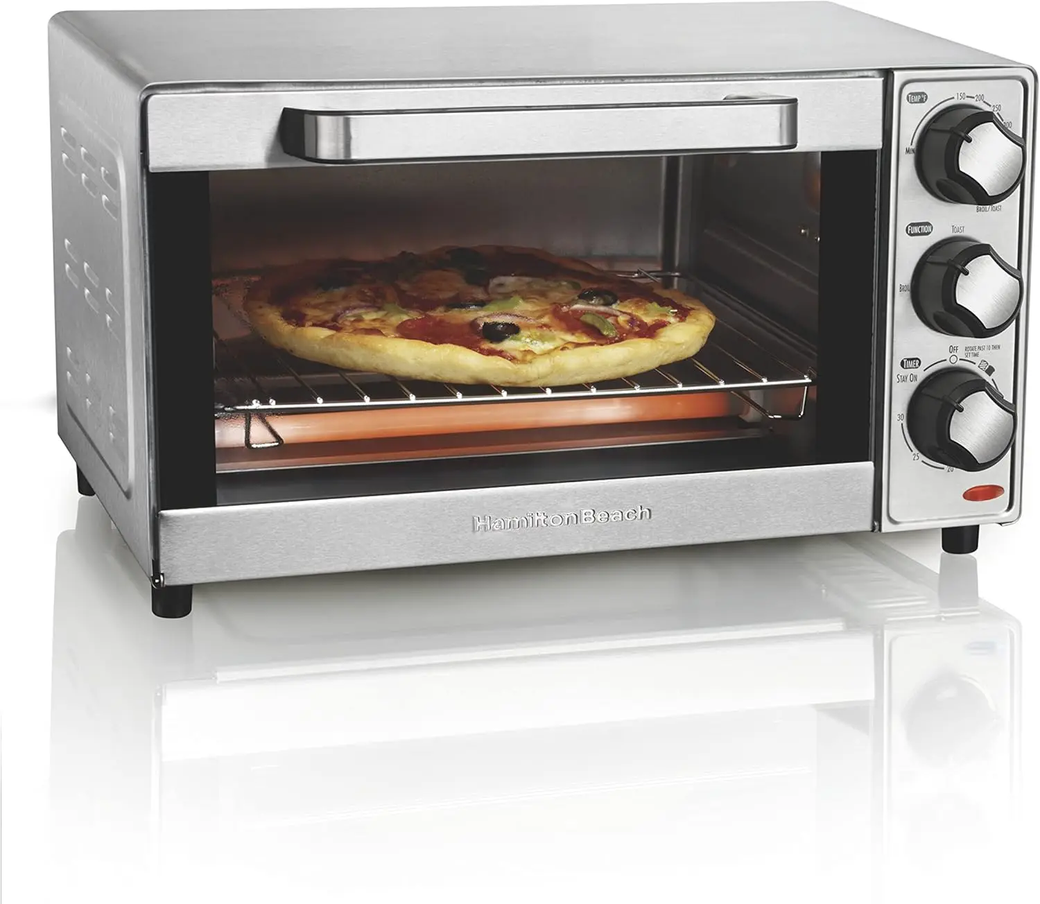 

OUIO Stainless steel countertop oven, large capacity, can bake 4 slices of bread/9-inch pizza, easy to use