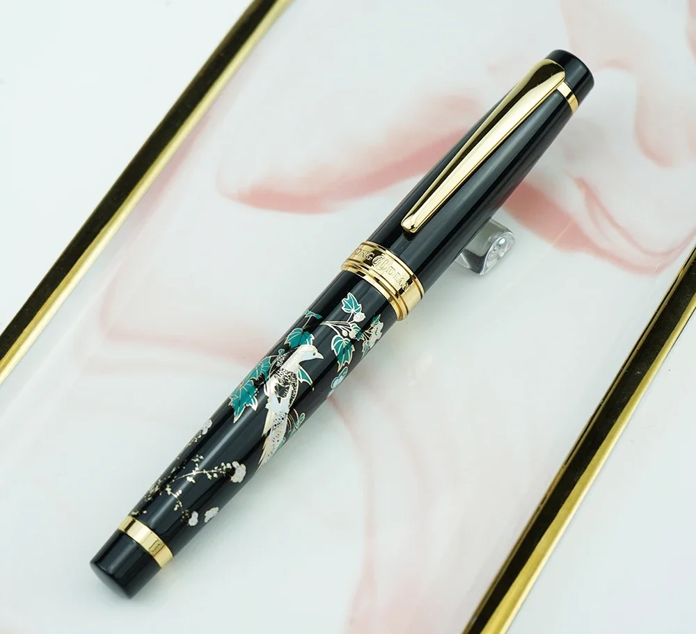 HongDian Metal Fountain Pen Hand-Drawing Black Magpie Iridium EF/ Fine / Bent Nib Ink Pen Excellent Business Writing Gift Pen