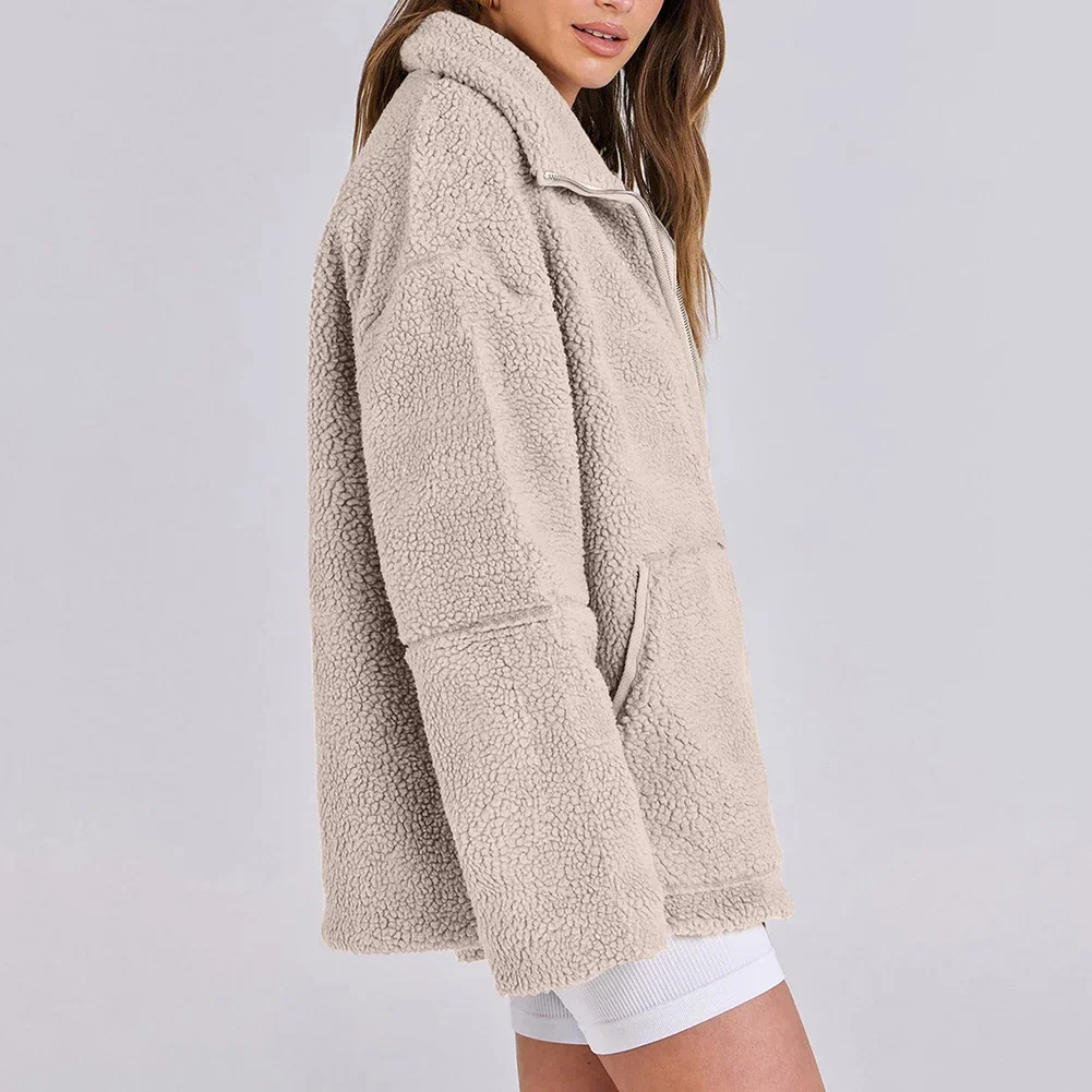 All Season Wear Lambswool Plush Coat Casual Woolen Outerwear Solid Color Design Warm Woolen Fabric Available In Sizes S-2XL