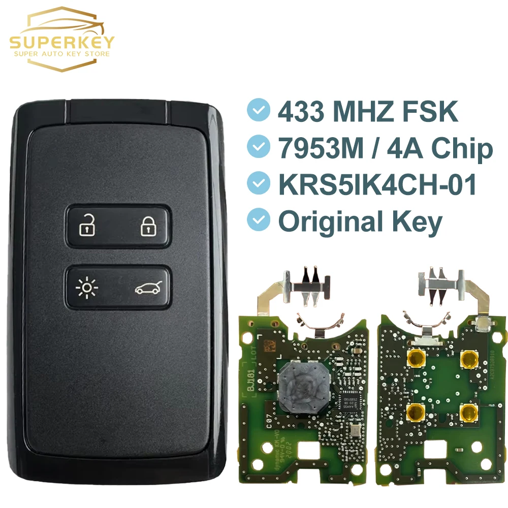 SUPERKEY R5IK4CH-01 433Mhz 4A Chip Original Smart Keyless Card Key For Renault Megane 4 Talisman Espace 5 Kadjar 2016-2019