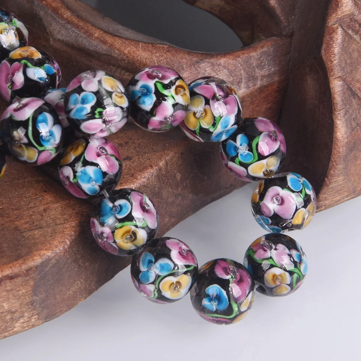 5pcs Round 12mm Handmade Flower Pattern Lampwork Glass Loose Beads For Jewelry Making DIY Bracelet Findings