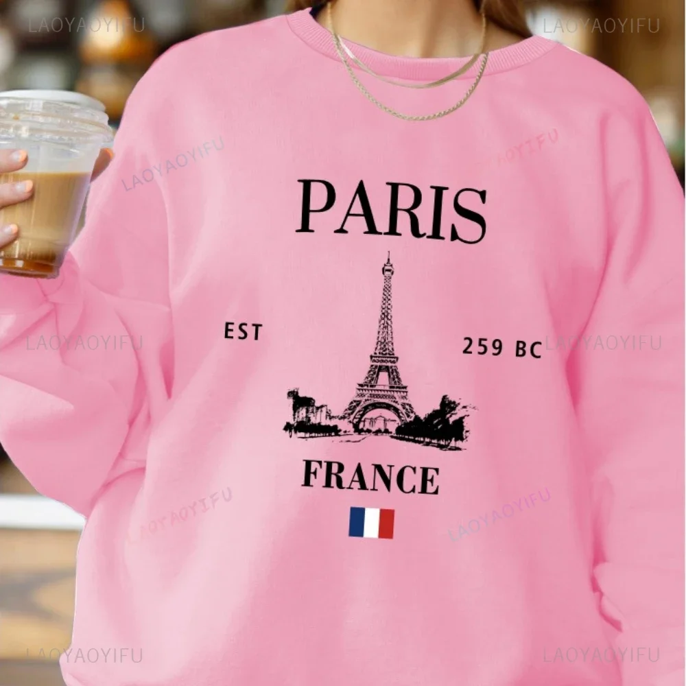 Paris Print Loose Sweatshirt Casual Long Sleeve Crew Neck Sweatshirt Women's Clothing Casual for Daily Wear and Casual Outings