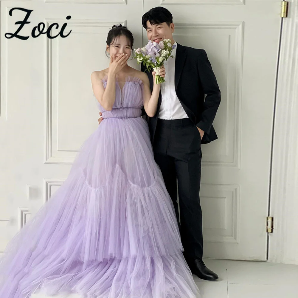 

Zoci Princess Ruffles Korea Wedding Dresses Purple Ruched Tulle A Line Evening Gown Customized Corset Wedding Photos Shoot Dress