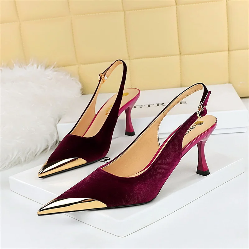 Elegant Women Green High Heel Velvet Pumps Wedding Party Slingback Sandals Metal Pointed Toe Hollow Buckle Wine Red Shoes