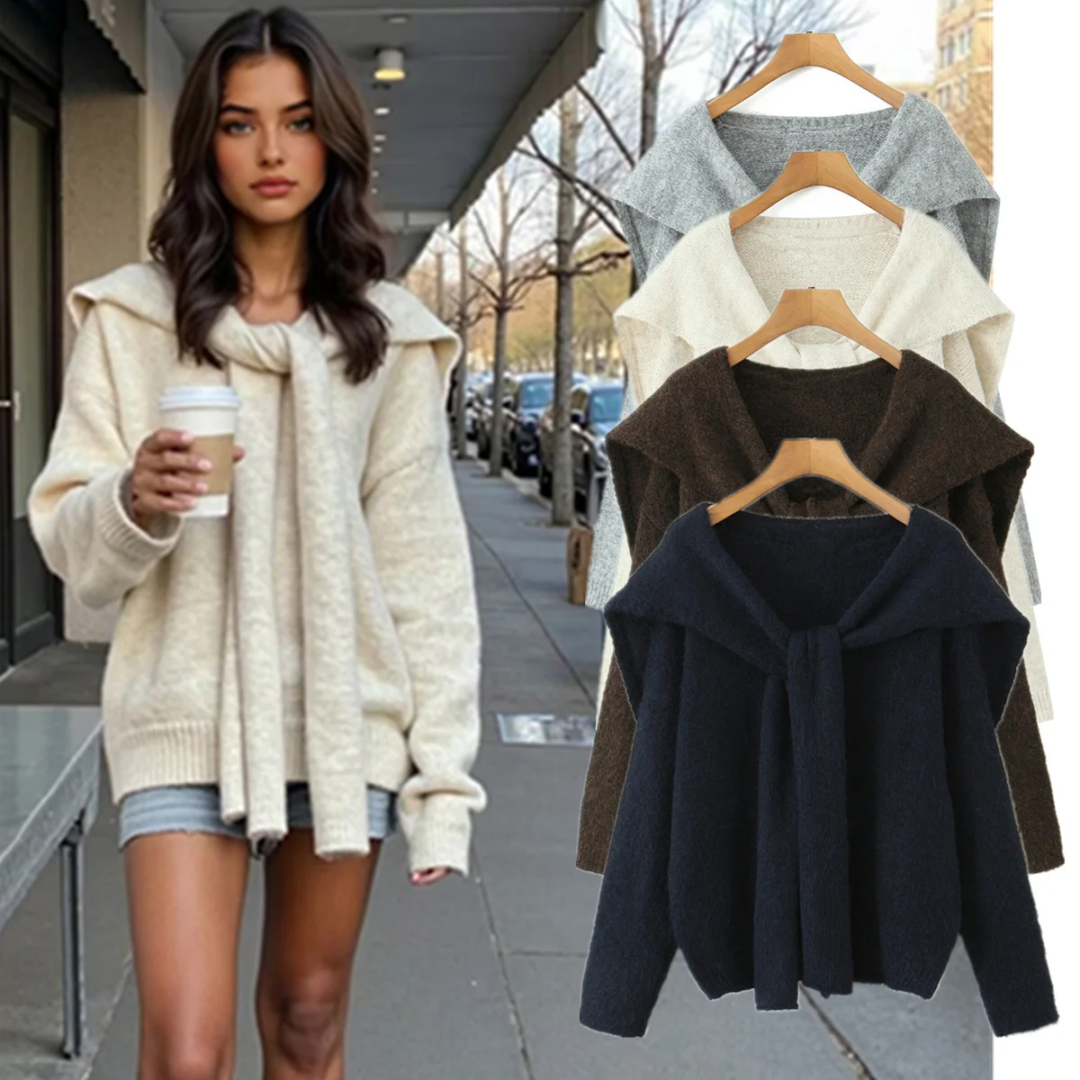 

Maxdutti French Scarf Collar Wool Blend Knit Sweater Retro Loose Solid Color Basic Style Autumn And Winter Women's Sweater Top