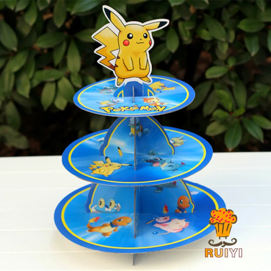 Pikachu Three Tier Cake Stand Cartoon Pokemon Cake Stander Cartoon Kids Birthday Party Decorations Dessert Tray Party Supplies