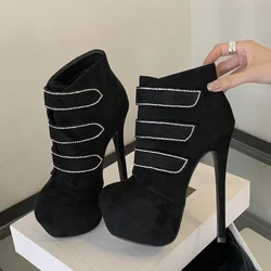 Eilyken Street Style Round Toe Women Ankle Boots Crystal Hook Extreme Platform Stiletto High Heels Sexy Nightclub Female Shoes