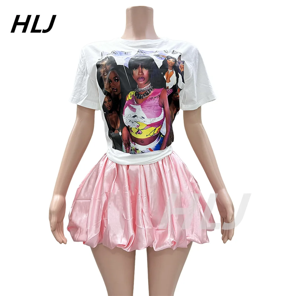 HLJ Y2K Sweet Graphic Tshirts Two Piece Sets For Women Round Neck Top And Puffy Mini Skirt Outfits Fashion Trend 2pcs Streetwear