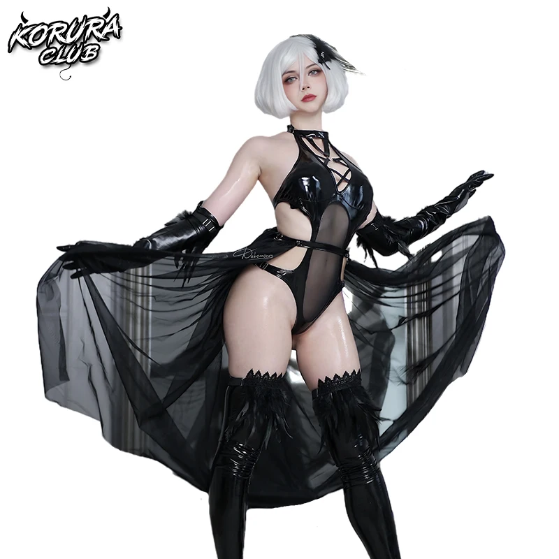 

KORURACLUB Dark Queen Women's Witch Sexy lingerie Raven Cosplay costume Jumpsui （7-Piece Set）t