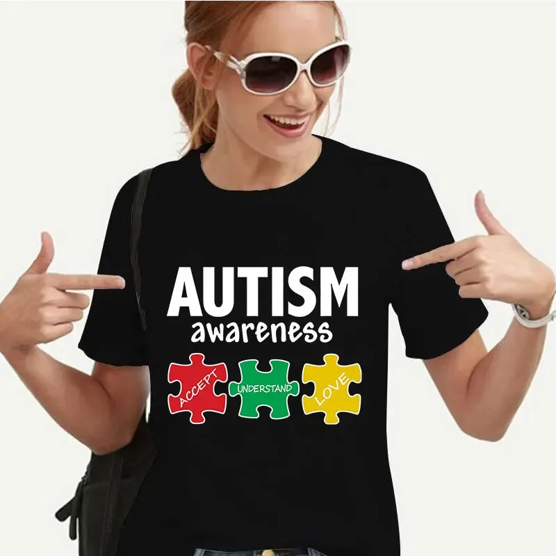 Women's T-shirt Casual Kawaii Clothing Autism Awareness Support Puzzle Print Tshirt Comfortable Casual Women Clothing Black Tops