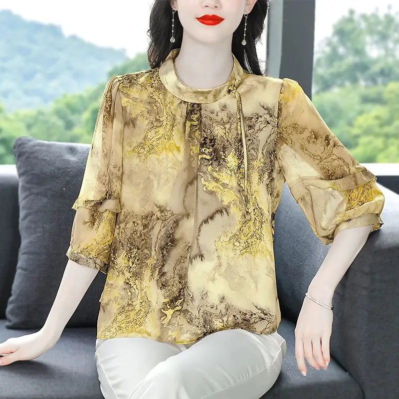 Women Summer Elegant Temperament Printing O-neck Short Sleeve Chiffon Shirts Women Clothes Fashion All-match Appear Thin Top Tee