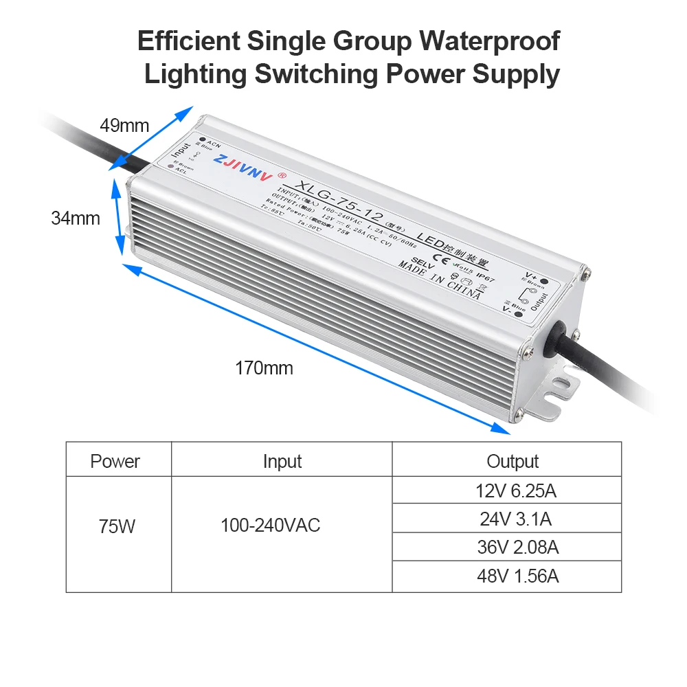 75W IP67 Waterproof LED Driver AC 100-240V to DC 12V 24V 48V Slim Finned Aluminum Switching Power Supply Adapter for LED Lamp