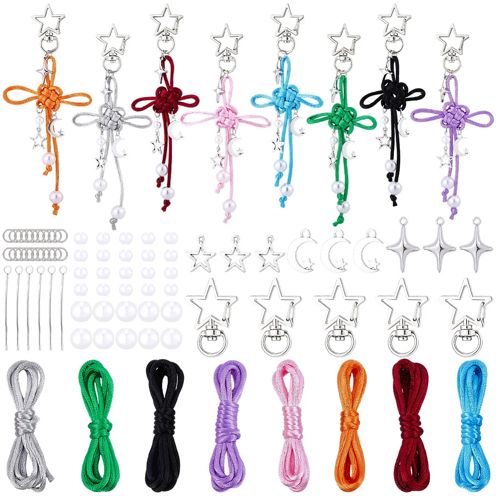 1 Box DIY 8 Sets Keychain Making Kits Macrame Keychain Kit Knot Key Chains with Instruction Nylon String Star Swivel Clasps