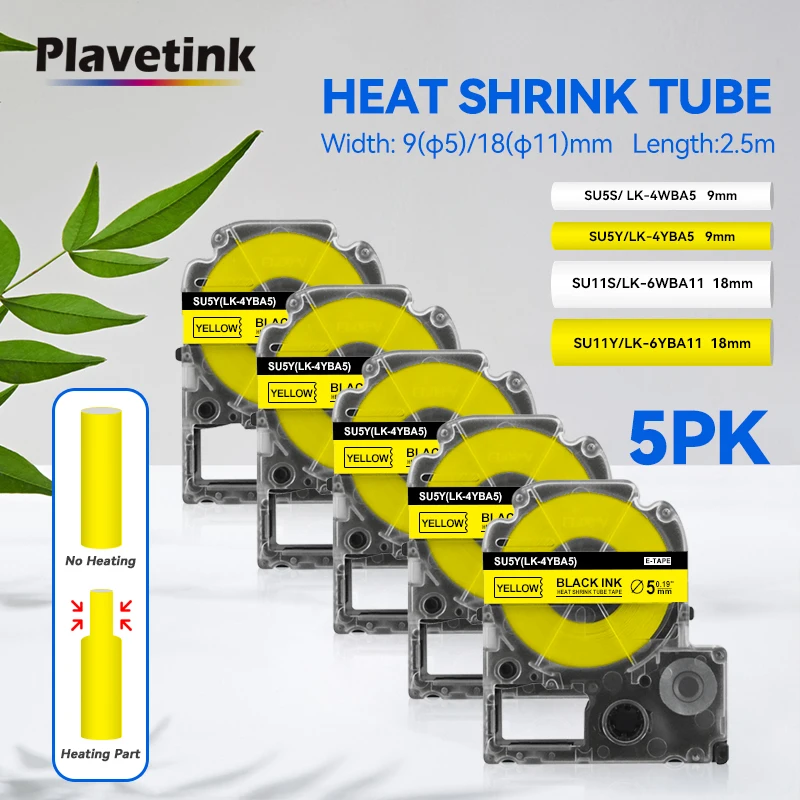 

5 шт., диаметр Φ5 мм, термоусадочные трубки, совместимые с Epson SU5Y LK-4YBA5, черные на желтом цвета для этикетировочной машины Epson L-300 LW-400 LW-500
