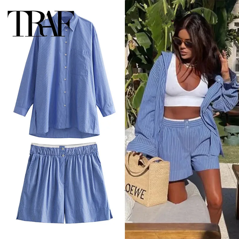 TRAF Blue Striped Shirt Woman Loose Long Shirts And Blouses Summer Long Sleeve Blouses For Women 2024 Collared Casual Shirt