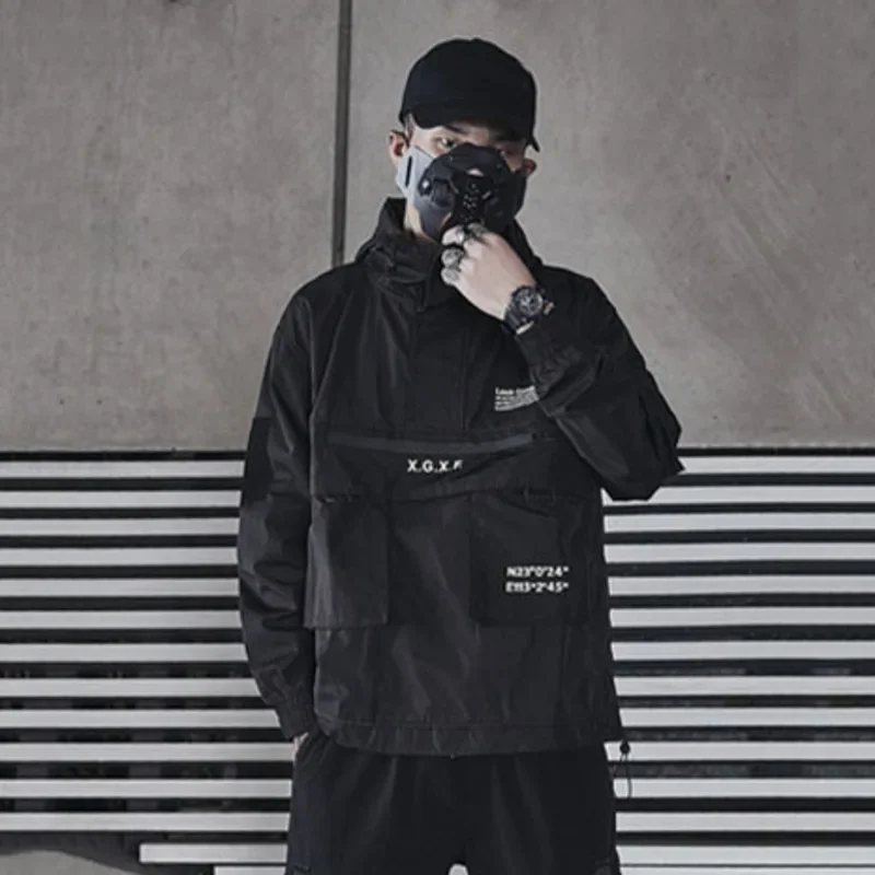 الرجال ملابس داكنة ربيع الخريف جديد المد شخصية التكتيكية سترة سفاري نمط شيك معطف مقنعين Techwear