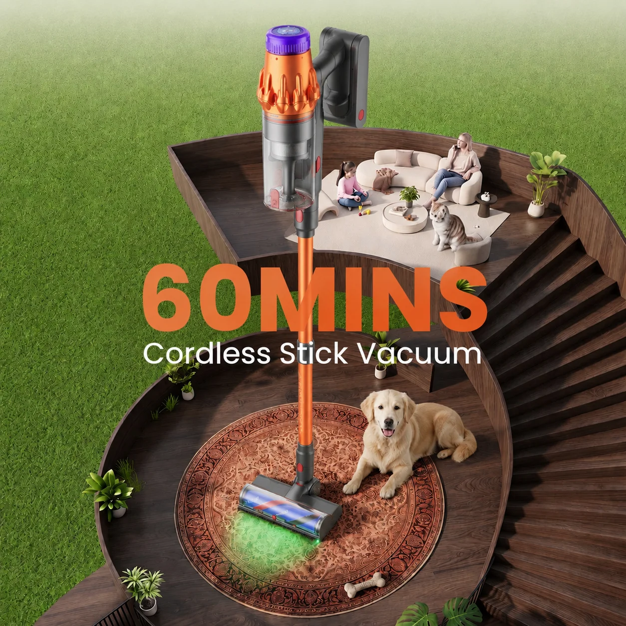 E.LUO 500W Cordless Vacuum Cleaner with LED Touch Screen&Charging Wall Dock,Tangle-Free Design,Perfect for Pet Hair/Carpet/Floor