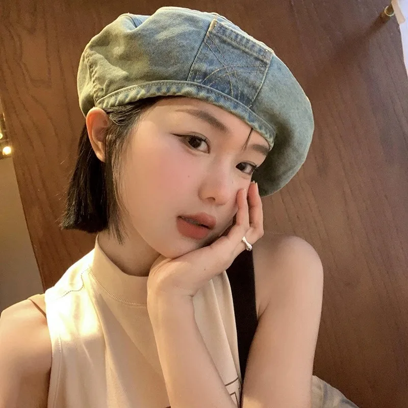 Vintage washed denim Berets caps for women autumn 2023 new thin large size  artist hat temperament mushroom hat for girl