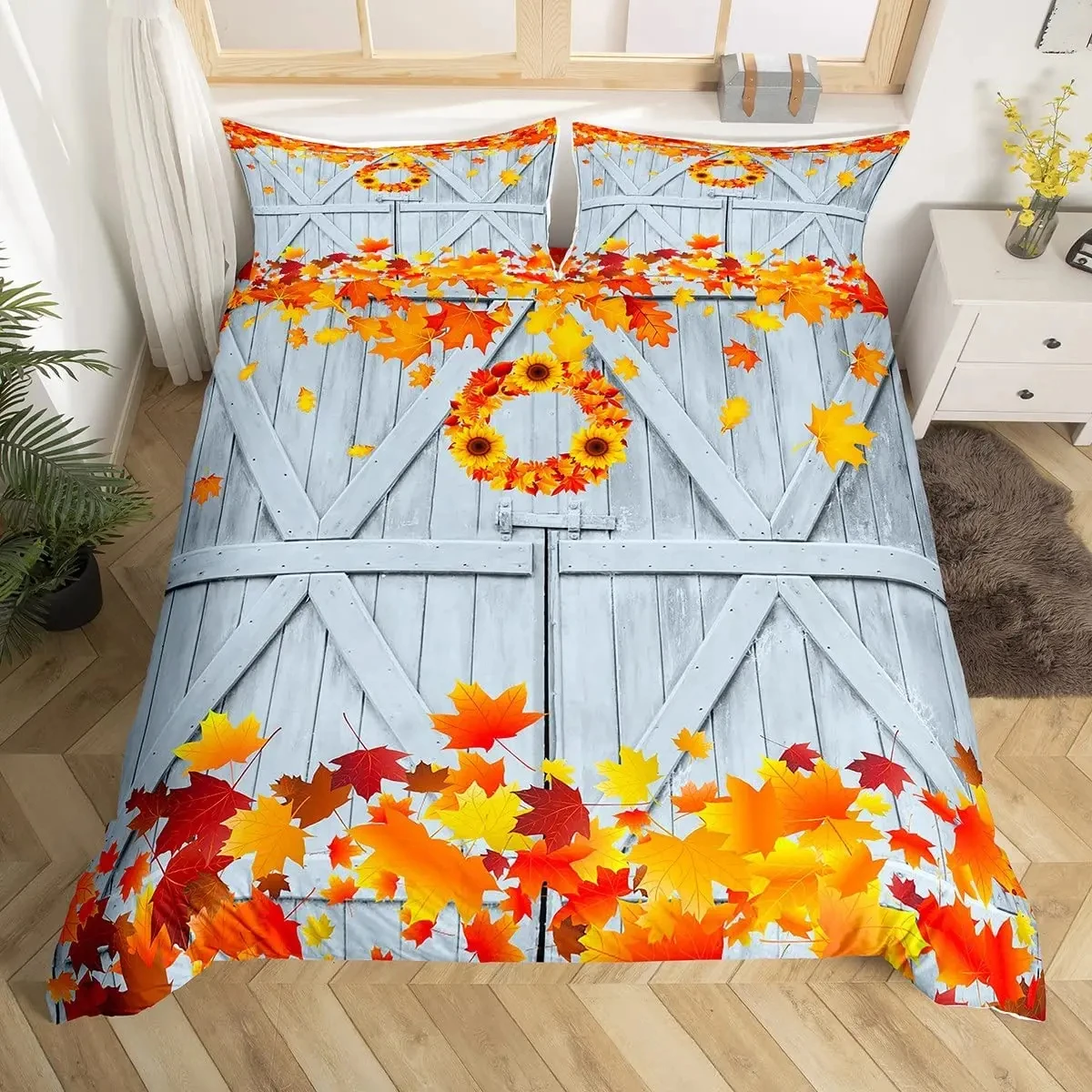 Floral Old Barn Door Duvet Cover Set King Twin,Autumn Maple Leaves Sunflowers Comforter Cover Rustic Farmhouse Style Bedding Set