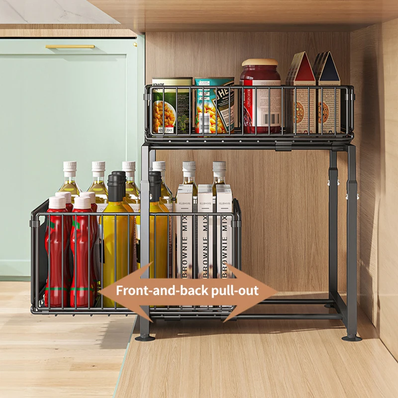 Adjustable Height Household Cabinet Basket, Double Drawers, Sliding Sink Storage Rack, Space Saving Kitchen Storage Rack - view 3