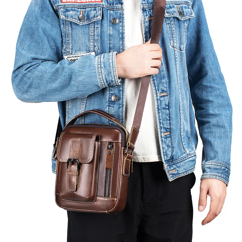 Bolsa de ombro pequena de couro para homens, couro genuíno, mini bolsa crossbody retrô, bolsa vertical casual