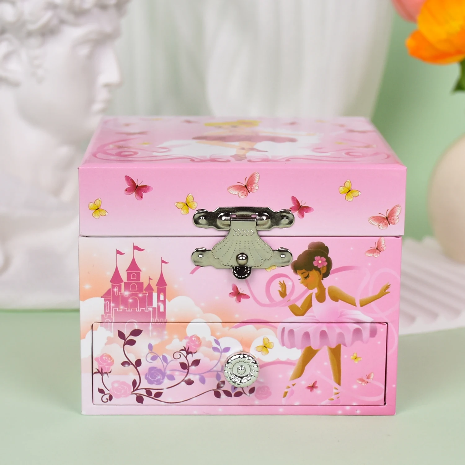 Caja de almacenamiento para música, forma cuadrada con cajón, decoración de espejo, exquisito patrón de princesa de castillo, gran capacidad para guardar joyas, accesorios para el cabello, etc. Se puede utilizar para decorar y embellecer espacios del hogar, adecuado para diversas festividades en todas las estaciones, cumpleaños, bodas, día de San Valentín, día de la madre, y es un regalo ideal para familiares y amigos.