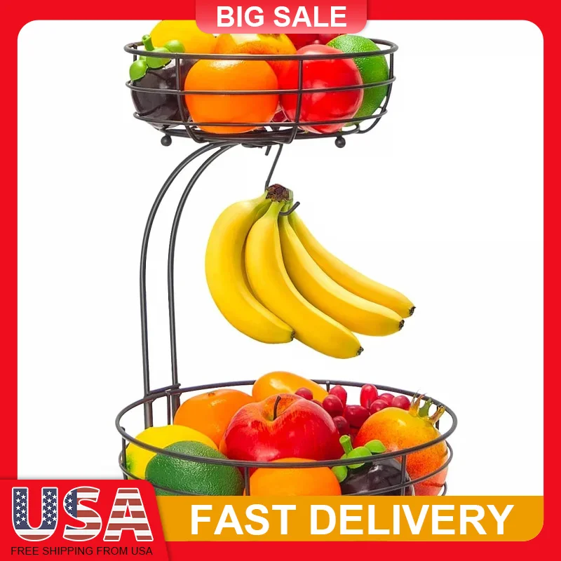 

2-Tier Iron Fruit Basket with Banana Hanger Countertop Storage for Vegetables, Bread Large Fruit Stand Organizer Rustic Decor