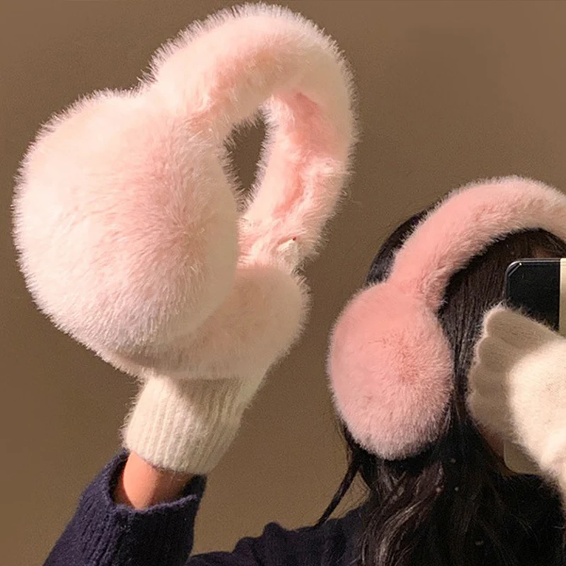 New Winter Women Imitation Rabbit Fur Plush Earmuffs, Cute Solid Color Warm And Antifreeze Foldable Earmuffs For Outdoor Sports