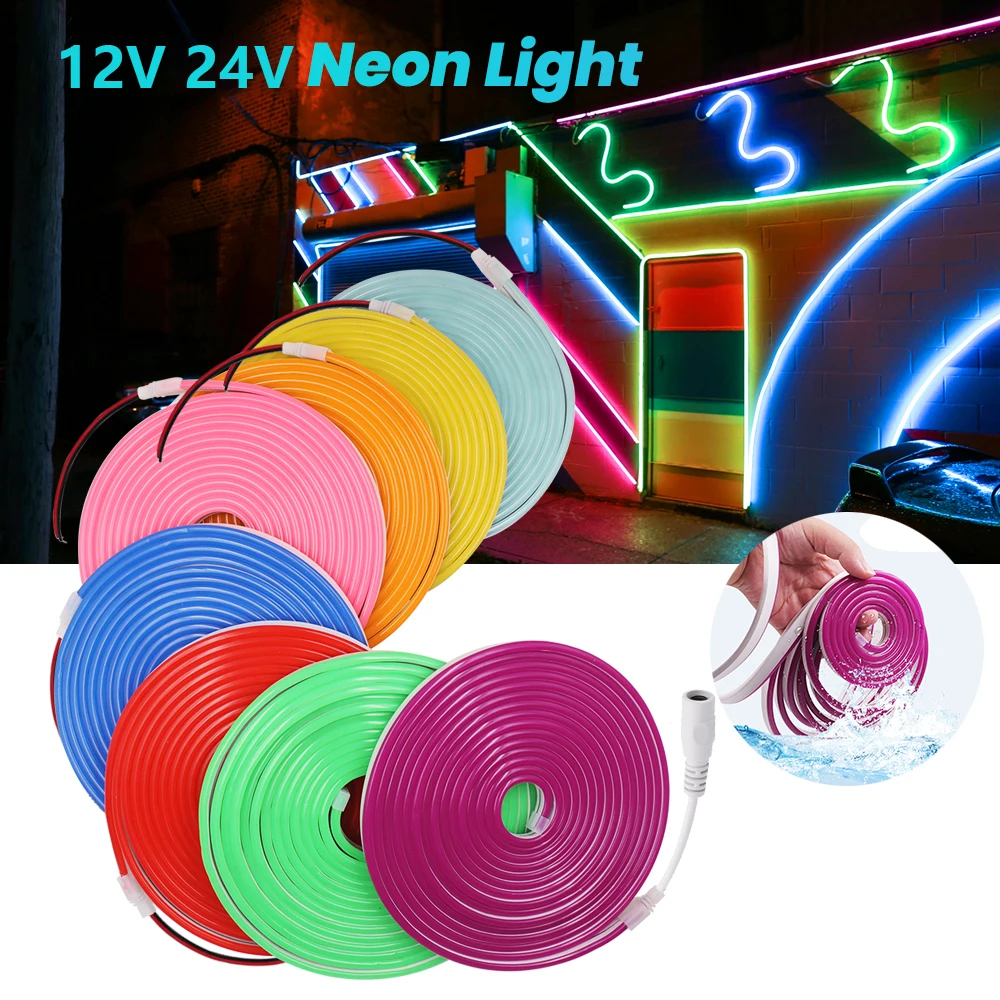 12V 24V Neon Light Strip 2835 120LEDs/m Waterproof LED Tape Flexible Neon Strip White Blue Pink Yellow Green 0.5M 1M 3M 5M 10M