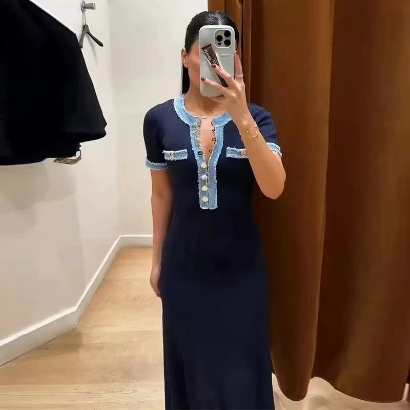 STYLISH LADY Denim Patchwork Knitted Dress 2025 Autumn Women Short Sleeve O Neck Button Bodycon Elegant OL Party Maxi Dresses
