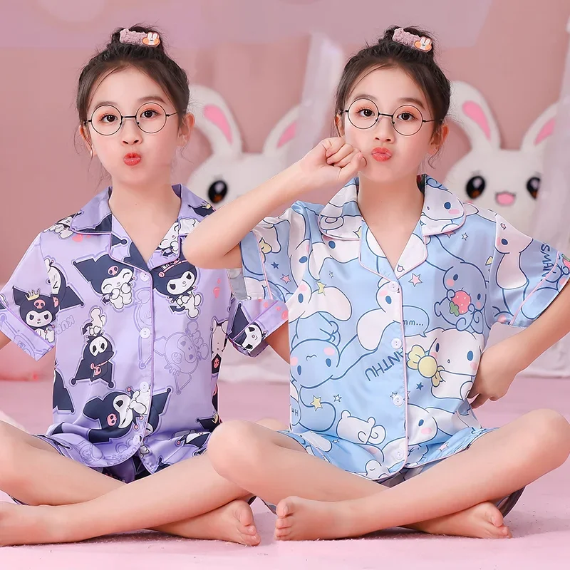 Sanrio Kawaii Kuromi Cinnamoroll Mymelody Childs pigiama Cartoon Anime pantaloncini manica corta pigiama carino casa due pezzi giocattolo regali