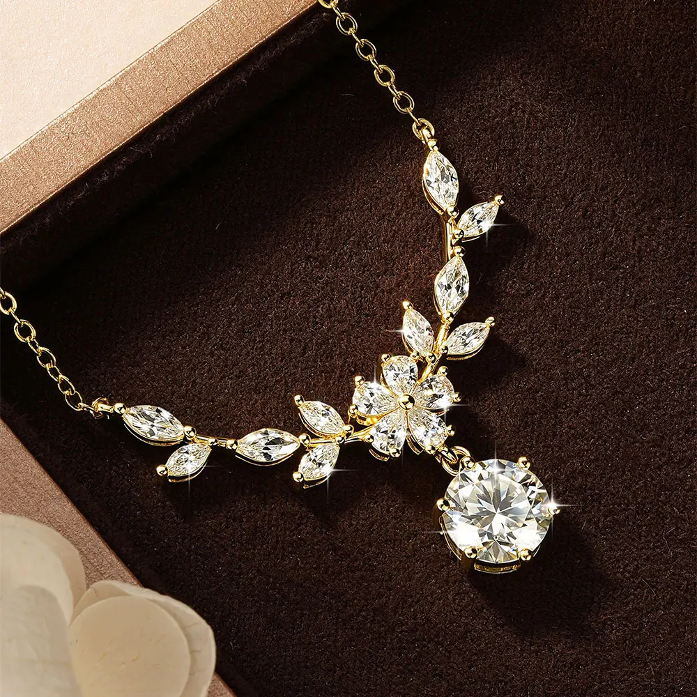 OXTAO Light Luxury Floral-Style Moissanite Necklace 2CT VVS1 14K Gold Filled for Women Pendant Necklace Romantic Wedding Jewelry