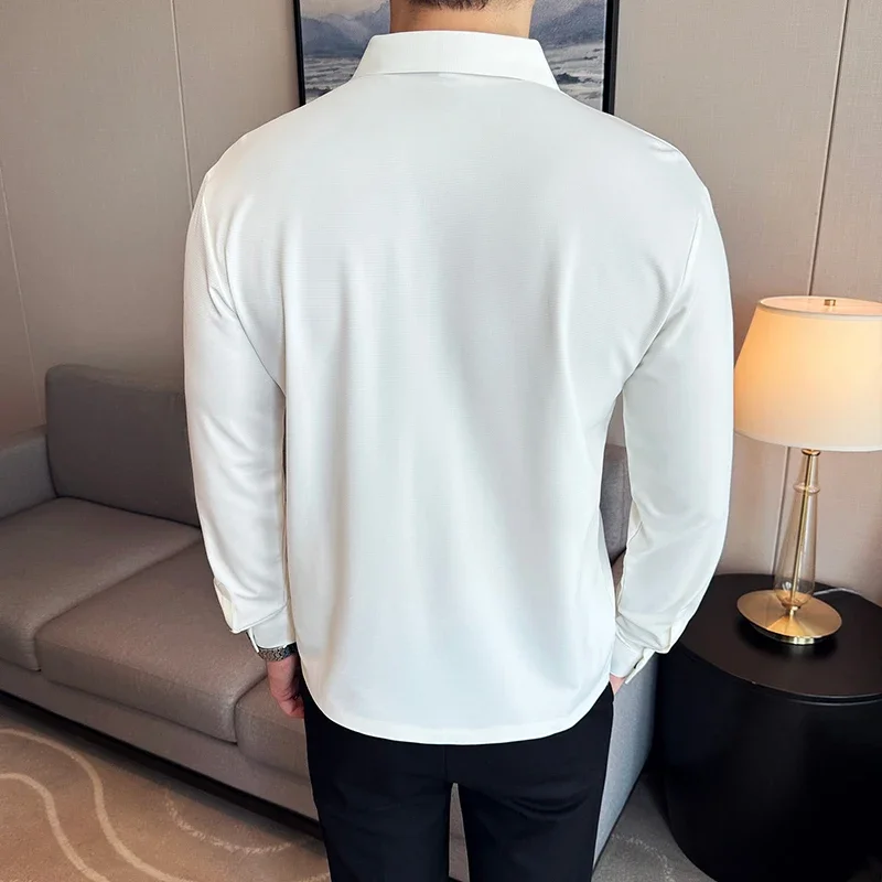 High Elasticity Men Polo Shirt 2025 British Style Autumn Thin Solid Casual Elastic Slim Fit Long Sleeves T-shirt Men Clothing