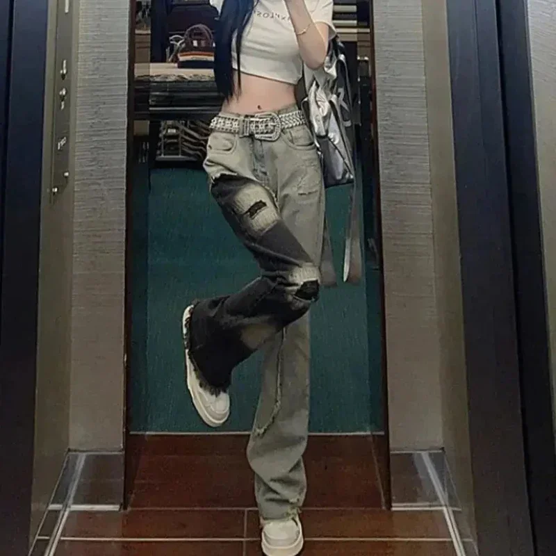 Jeans strappati da donna Pantaloni in denim a vita alta per donna con fori Pantaloni Splicing Unico all'ingrosso chic ed elegante Vintage Z