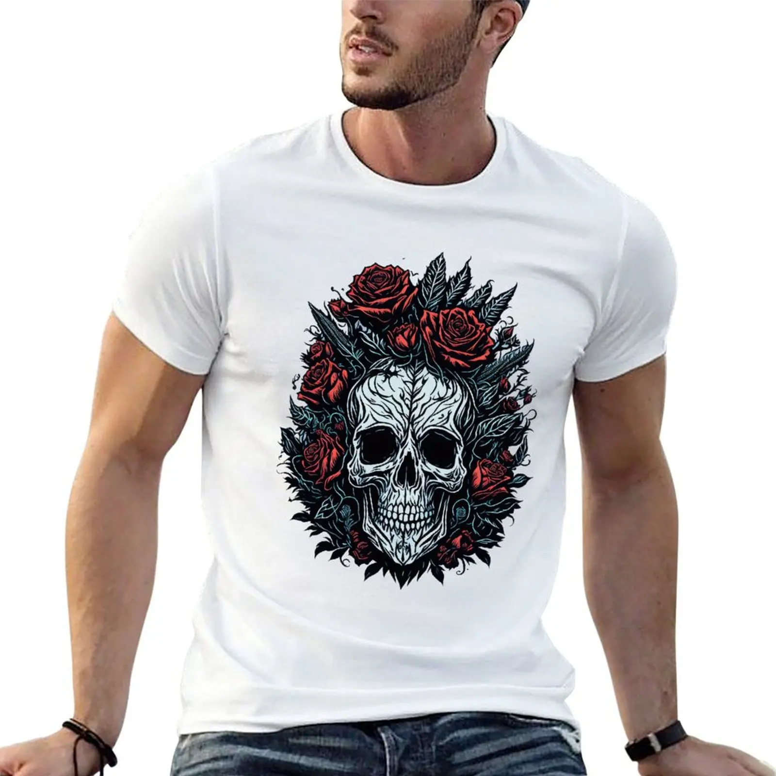 Skull and Roses design T-Shirt Holiday Party T-Shirt for Men