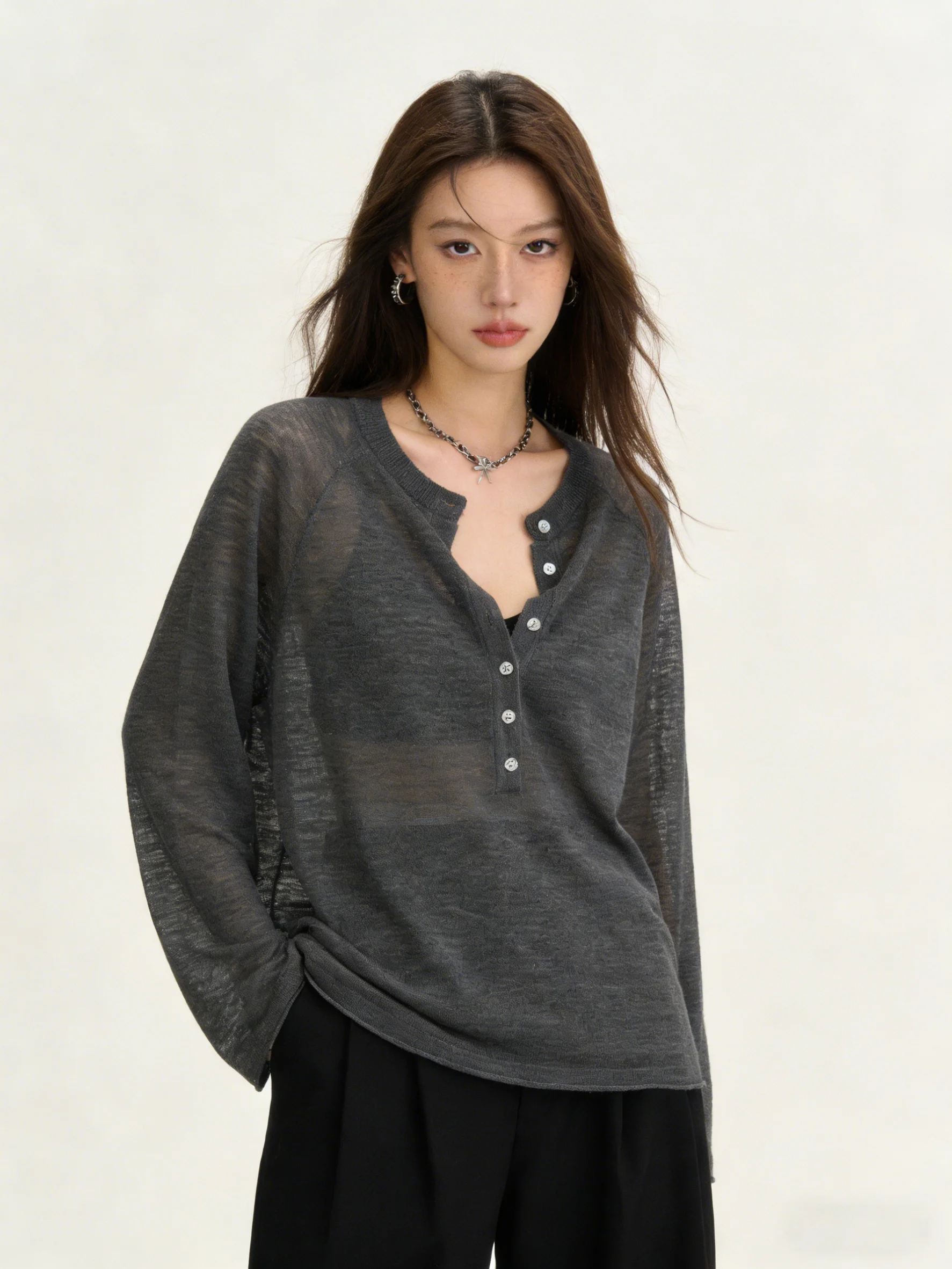Korean Style Loose Long Sleeve Knitted round Neck Top Women's Translucent Summer Sunshade Cover White Shirt Comfortable Breat...