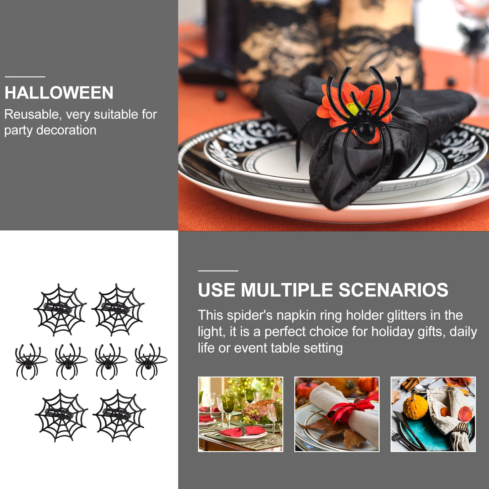 Halloween Spider Web Napkin Rings 8 Pack Black Table Decor for Party Thanksgiving Anniversary Dinner