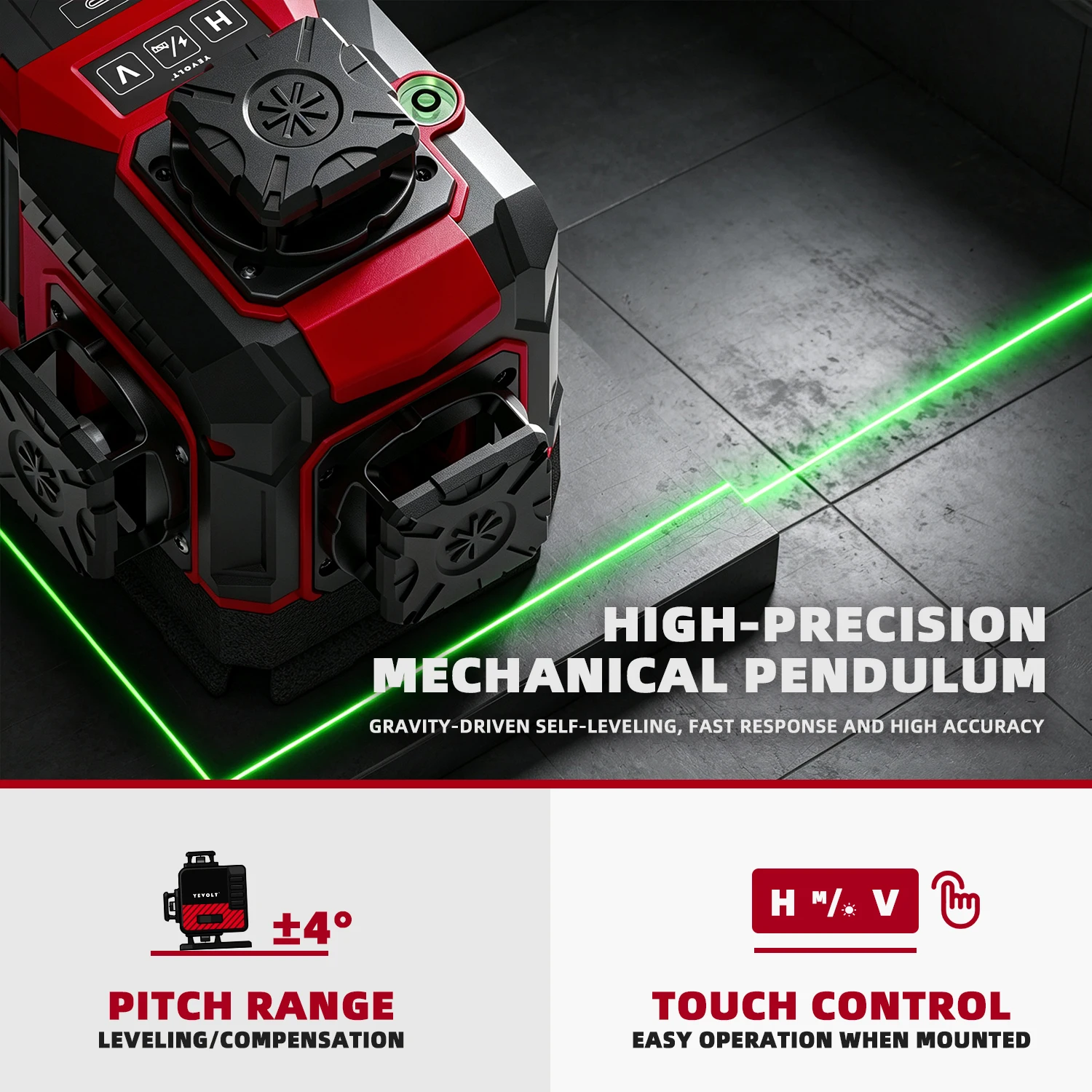 YEVOLT Green Laser Level Self Leveling Cross Line Laser Tool for Wall Mounting Indoor Layout Construction Alignment Waterproof