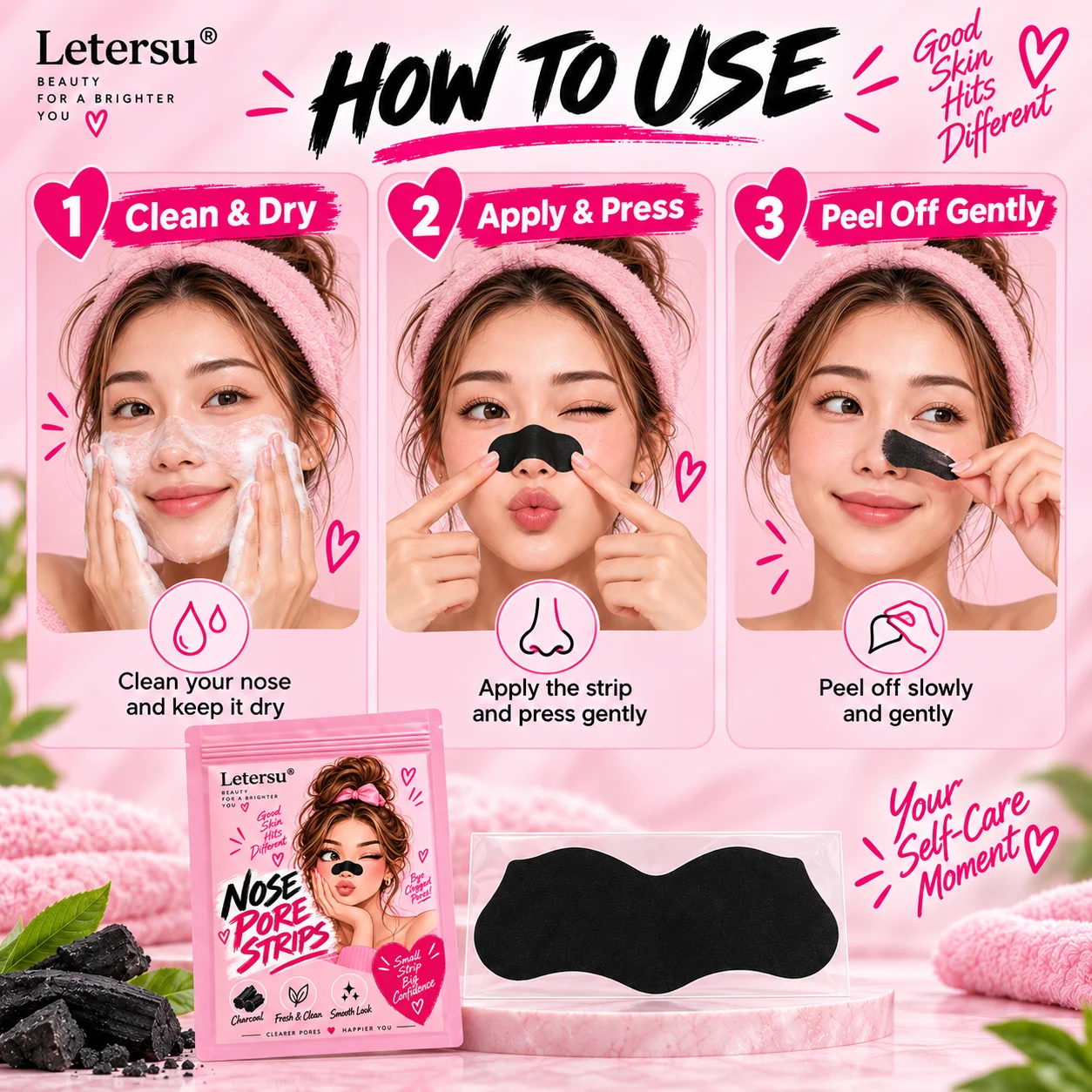 10PCS Charcoal Nose Pore Strips, Blackhead Remover Nose Patches, Deep Cleansing Oil Control Curved Fit for Men Women