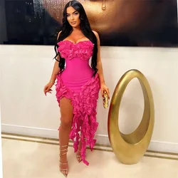 Elegant Ruffles Tassel Birthday Dress for Women Club Night Party Celebrity Irregular Strapless Sleeveless Evening Long Dresses