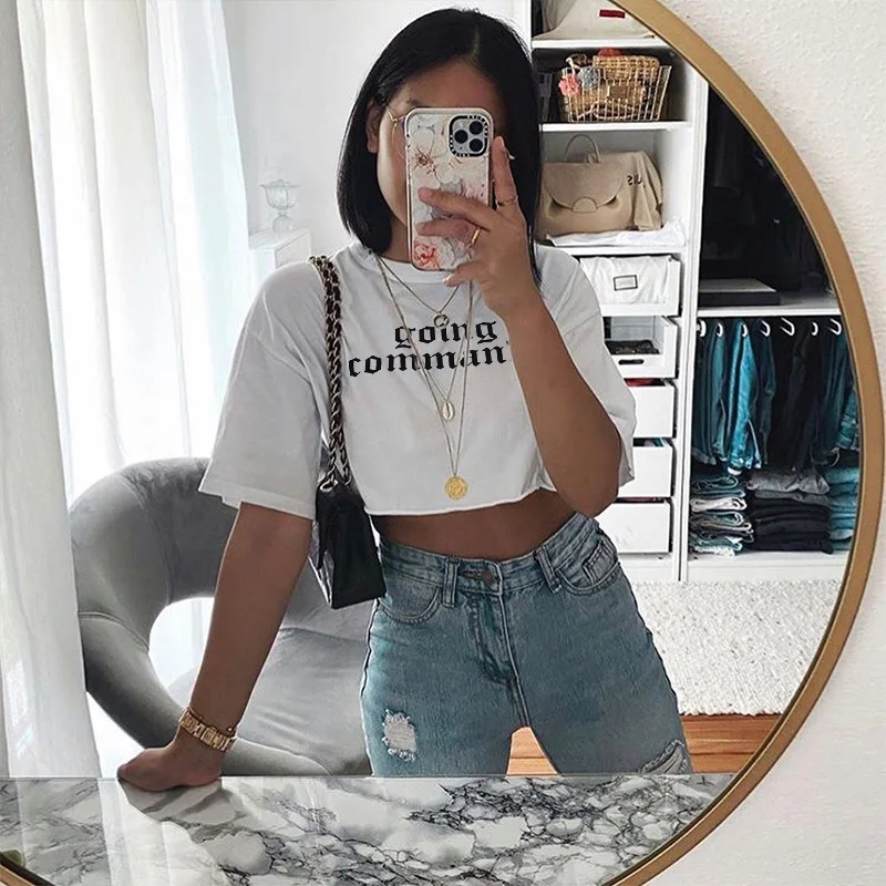 Letter Printed Cropped Top Women T Shirt Short Sleeve Round Neck Loose Cotton Summer Streetwear Casual Basic T Shirt