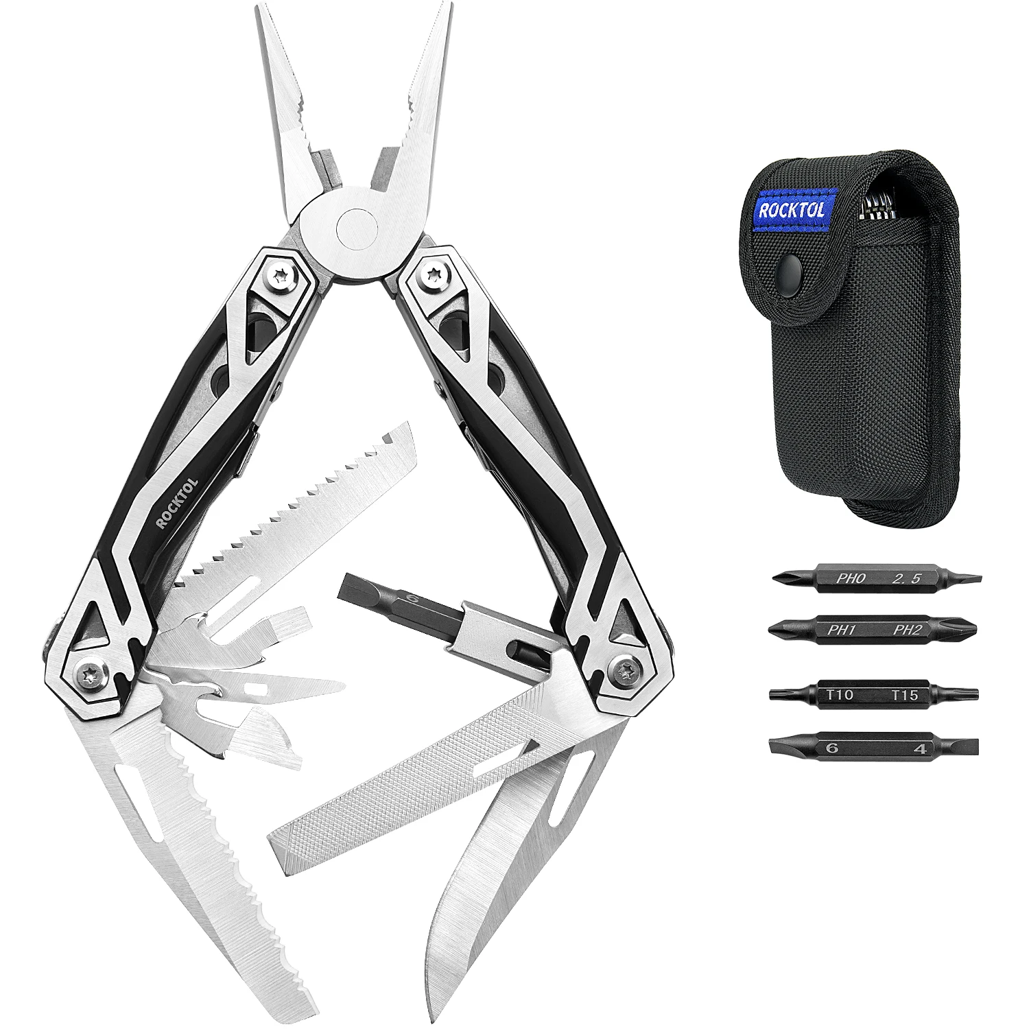 ROCKTOL Multitool, 21-in-1 Multitool Pliers with Hard Stainless Steel Spring-loaded Pliers, Safety Locking Toolset and Nylon She