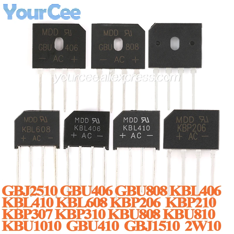 5pcs/lot Diode Bridge Rectifier KBU810 KBU1010 KBU808 KBP310 KBP307 KBP210 KBP206 GBJ2510 GBU406 GBU808 KBL406 KBL410 KBL608