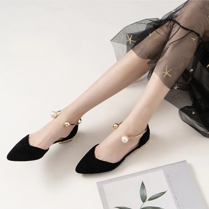 2025 Spring new unique shoes woman pearl ring metal flat hollow heel shoes pointed toe flat shoes