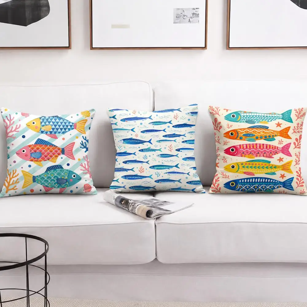 Coastal Ocean Fish Lobster Cushion Cover Soft Short Plush Pillow Cases Hidden Zipper Cutecore Sofa Bedroom Home Decor Gift