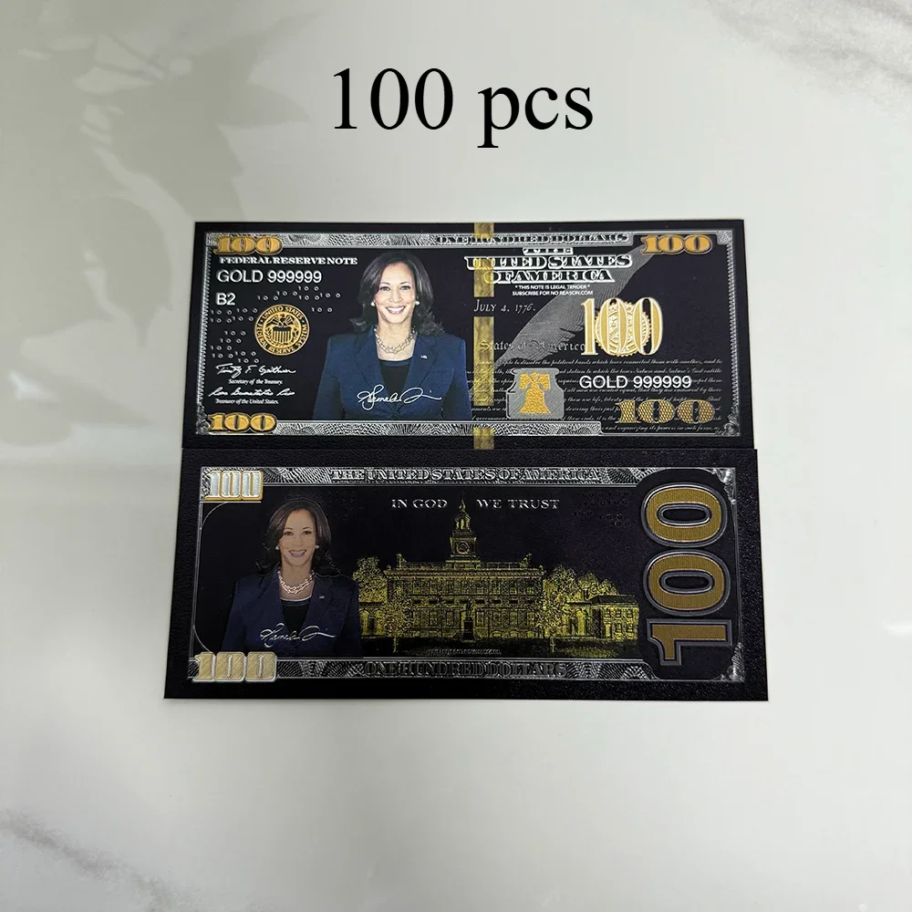 

Wholesale 100pcs 2024 Harris 100 Dollar Black Gold Foiled Platsic Banknote Professional women Social activist