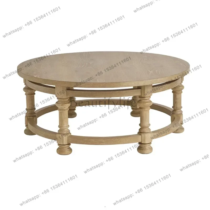Country Solid Wood Coffee Table Round Tea Table for Living Room Small Apartment Balcony Sofa Side Table Retro Style