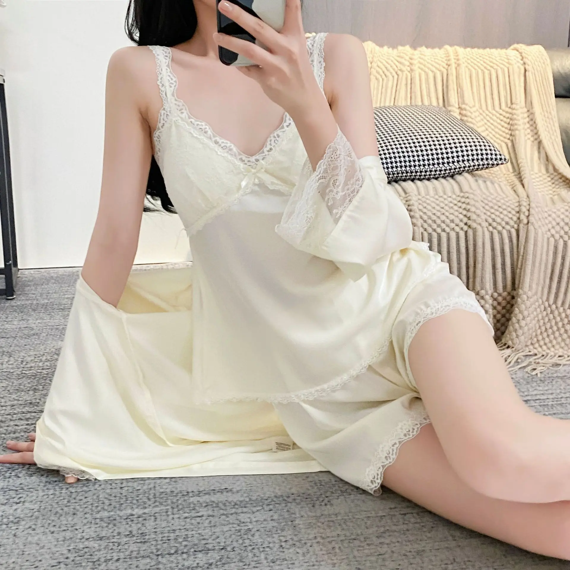

Female Pajama Four Piece Set Loungewear Sexy Lace Trim Sleepwear Bathrobe Nightgown Spring Summer Satin Home Wear